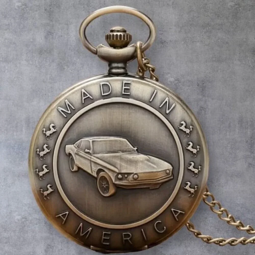 Pocket Chain Watch Mustang Car Flip Open Bronze Tone Quartz Second Hand